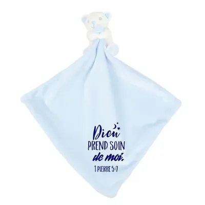 Doudou "Dieu prend soin de moi" bleu