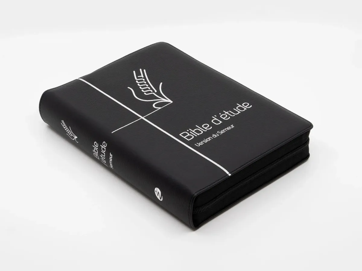 Bible d'étude Semeur 2015 couverture noire, cuir véritable, tranche argenté avec fermeture à glissiè