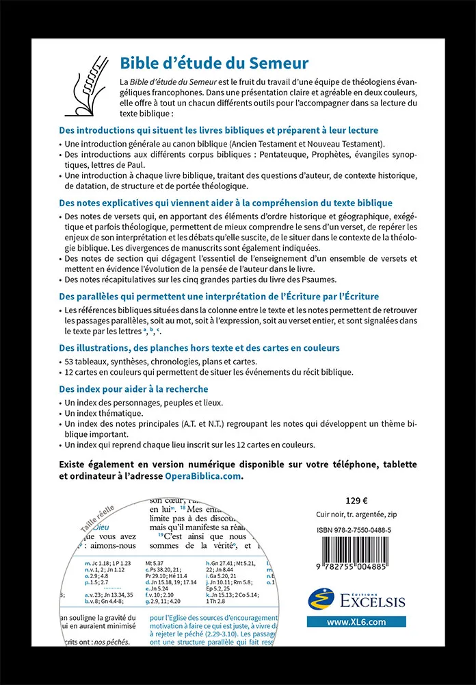 Bible d'étude Semeur 2015 couverture noire, cuir véritable, tranche argenté avec fermeture à glissiè
